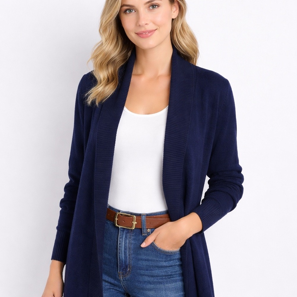 Navy Longline Shawl Collar Open Cardigan Sweater Talbots Lambswool XLP